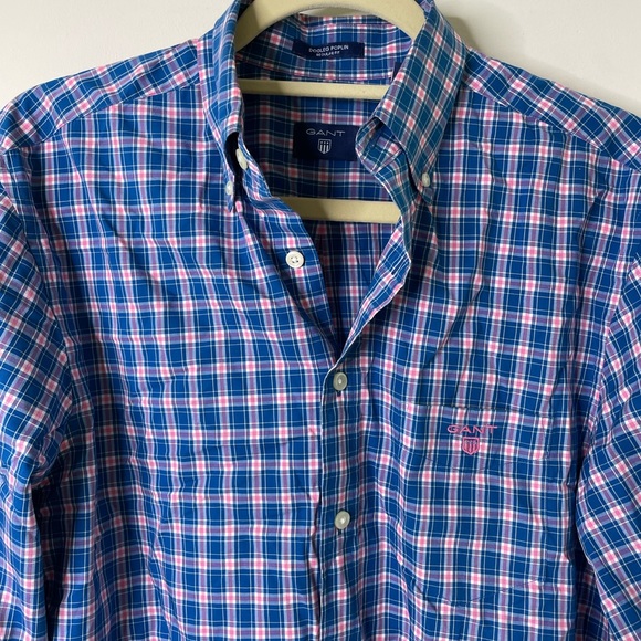 GANT Dogleg Poplin Blue/Pink Checked Shirt Medium - Picture 2 of 6